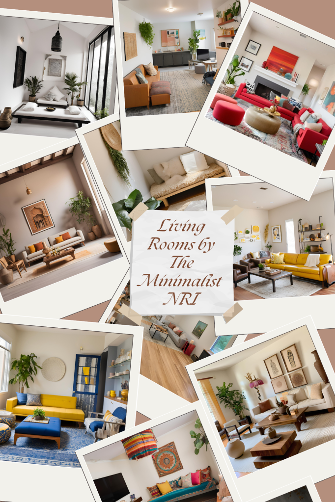A collage of pictures of various living rooms styled by The Minimalist NRI